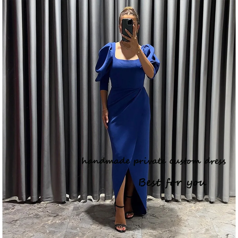 

Blue Satin Mermaid Evening Dresses with Slit Short Sleeve Square Neck Formal Prom Dress Dubai Arabic Party Gowns