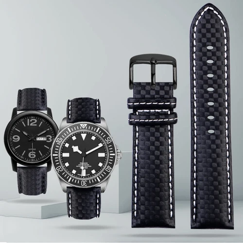 Imagen 2 del producto Correa de reloj de cuero de vaca con patrón de fibra de carbono, accesorios para hombres, pulsera de reloj naranja y rojo, 18mm, 20mm, 21mm, 22mm, 23mm, 24mm