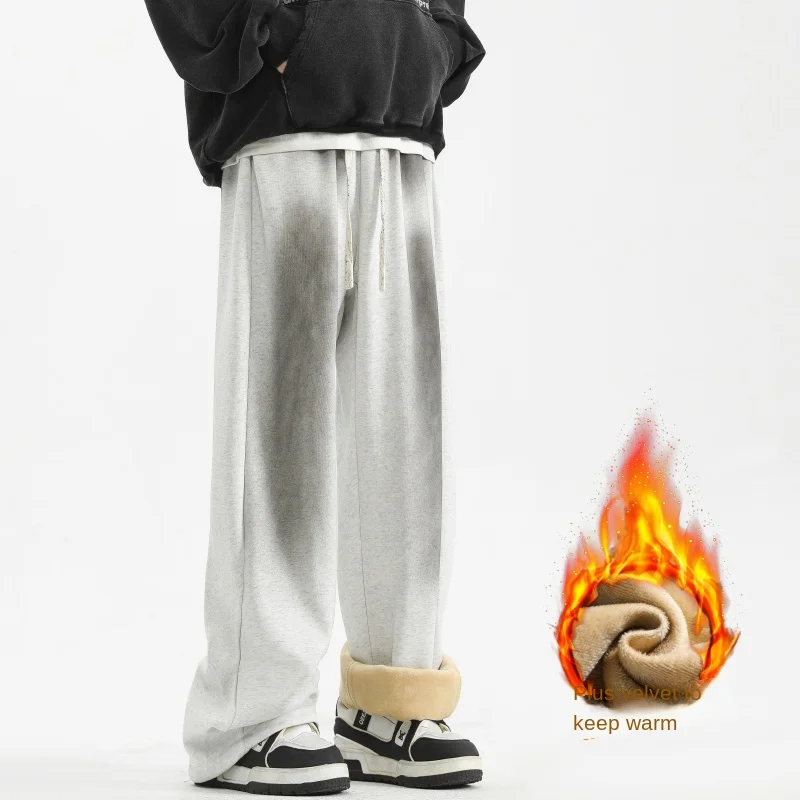 だぶだぶのパンツ男性パンツ黒カジュアルズボン弾性ウエスト冬フリースルーズフィットハイストリートトレンディメンズファッション