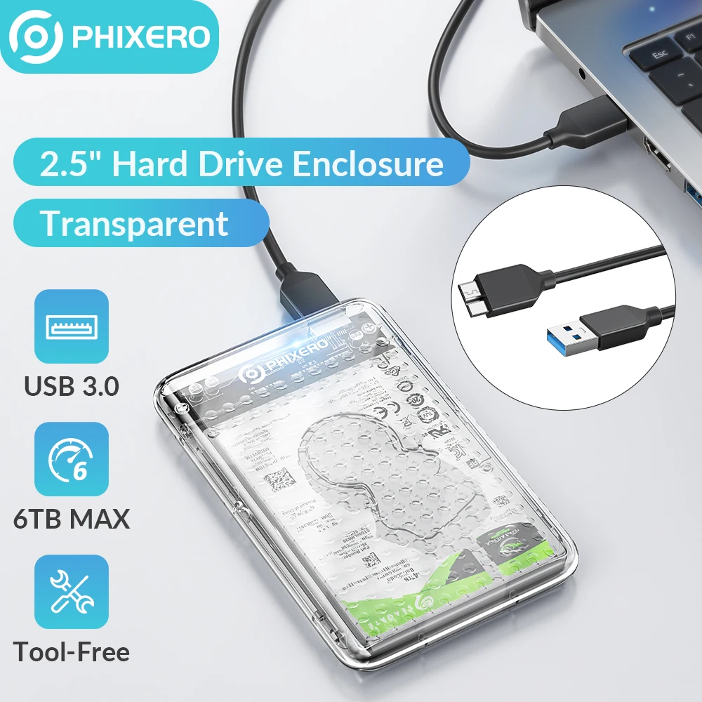 PHIXERO 2.5นิ้ว SSD Enclosure กล่อง HDD SATA USB 3.0ประเภท C กล่องฮาร์ดดิสก์ภายนอกสนับสนุน UASP สำหรับ PC แล็ปท็อป