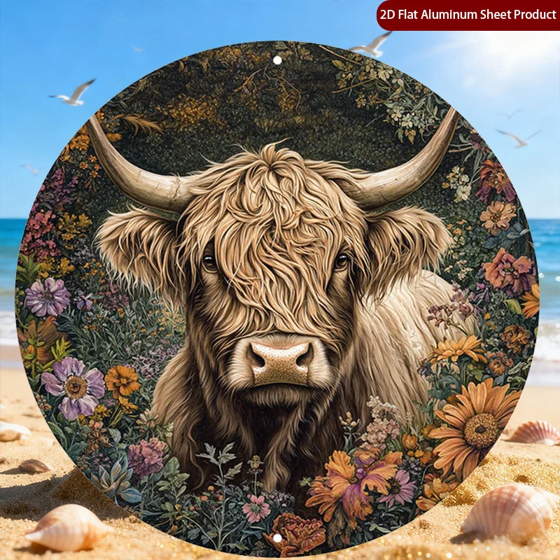 1pc Scottish Highland Cow Round Sign, Modern Round Sign, Floral Background Round Signs, Rustic Animal Art Rustic Metal Wall Art