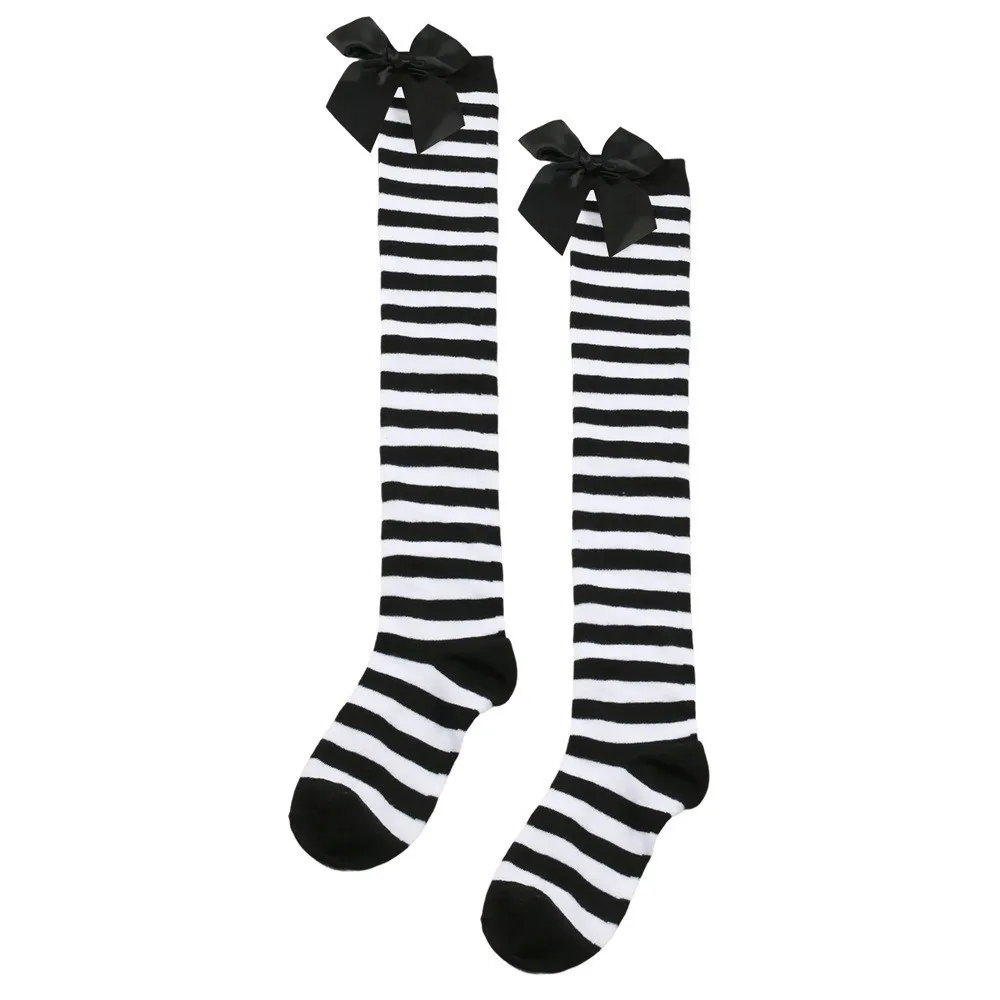 Striped Over Knee Stockings Warm Bowknot Decor Thigh High Socks Cotton Soft Lolita JK Knee Length Socks Stage Performance