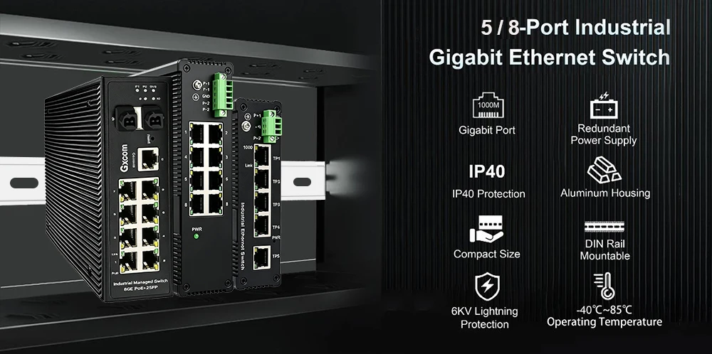 8 Port Gigabit Industrial PoE+ Switch, DIN-Rail Web Managed Ethernet Switch with IEEE 802.3af/at