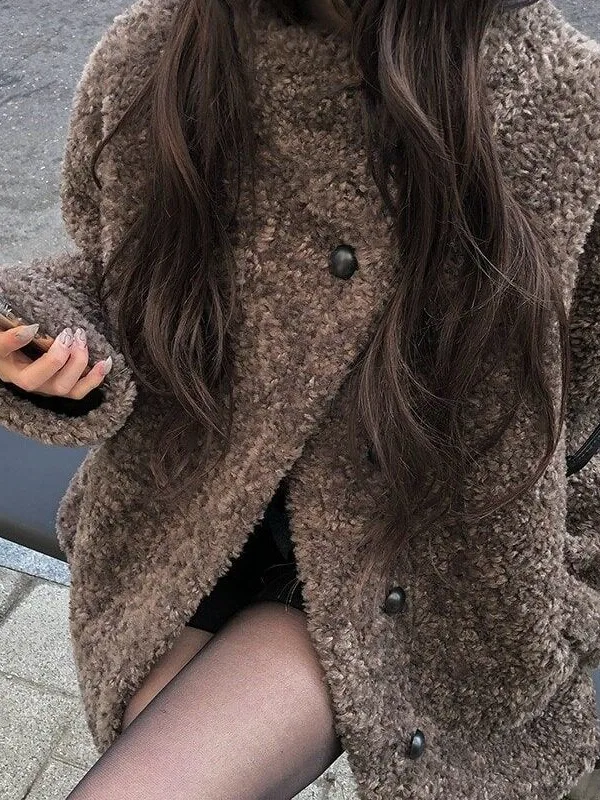 Korean Fashion Stand Collar Lamb Fur Jacket Women's Winter Coat Medium Length Oversized Leather And Fur Integrated High Neck