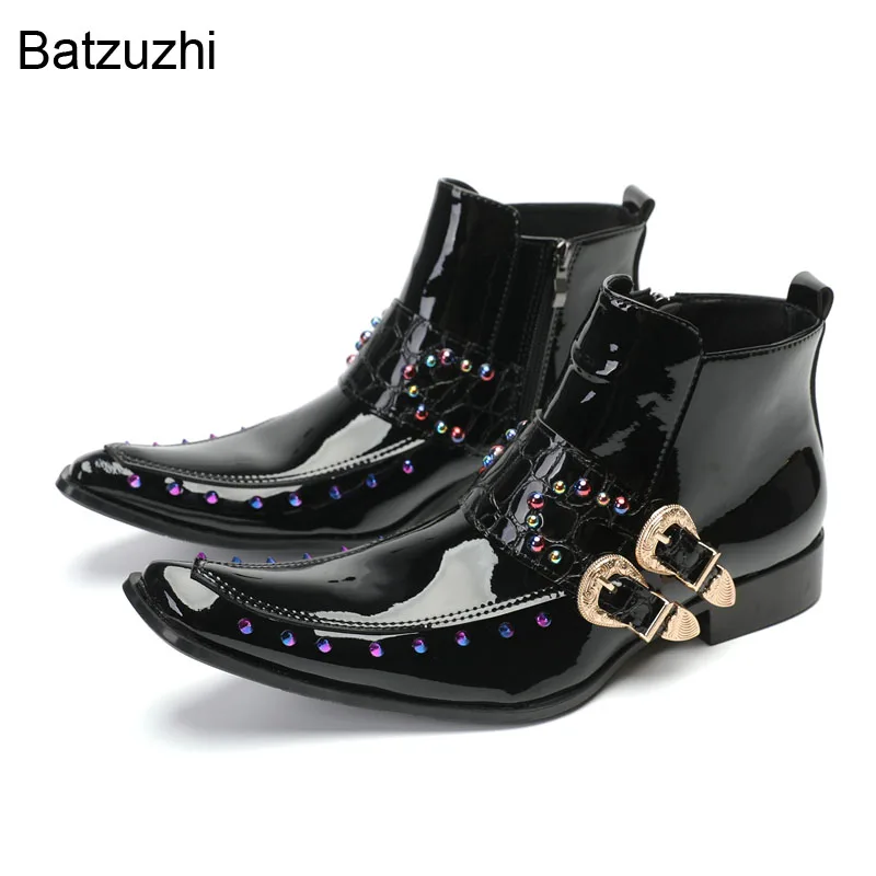 

Batzuzhi Japanese Style Men's Boots Rock Personality Black Leather Ankle Boots for Men Zip Buckle Belt Party/Wedding Botas!