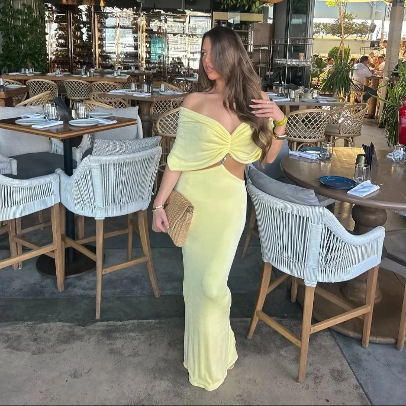 Vestido largo amarillo plisado con cuello en V elegante para mujer, vestidos de cintura alta ajustados recortados a la moda, nuevos vestidos de playa para vacaciones de verano