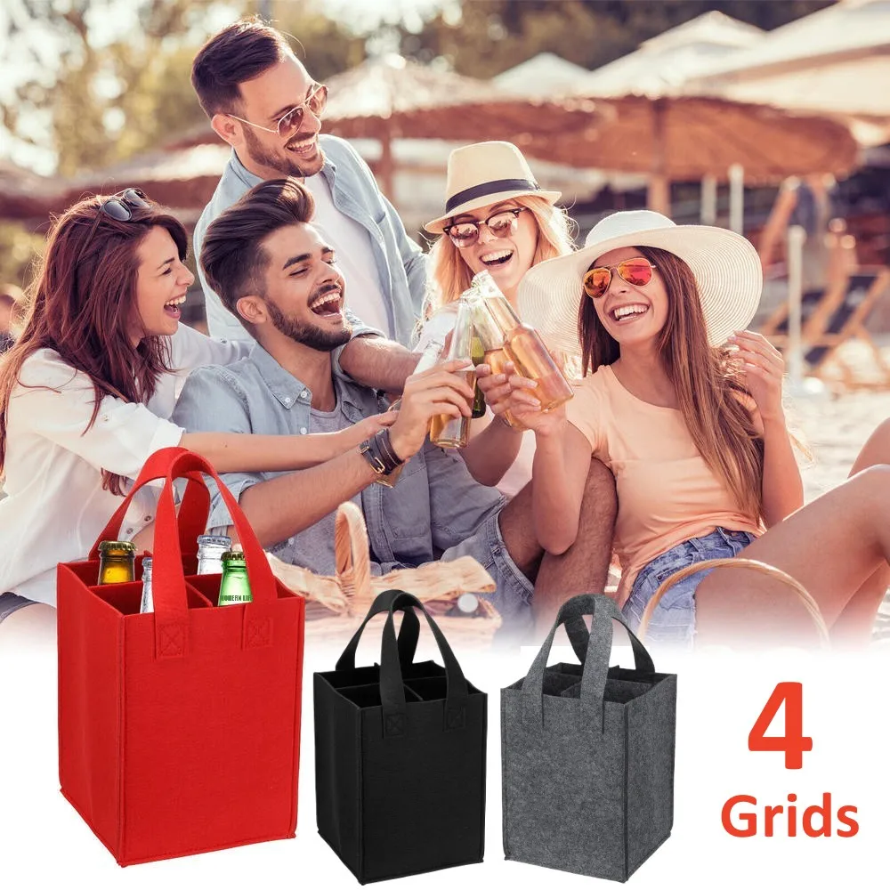 4 Grids Felt Wine Bottle Bag Resuable Folding Handbag Felt Storage Basket Champagne Wine Beer Party Gift Bag Camping Storage Bag