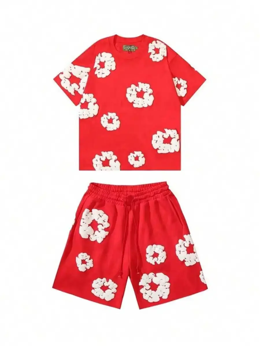 

Red 3D Floral Print Unisex Casual Shorts Set Summer Beach Streetwear