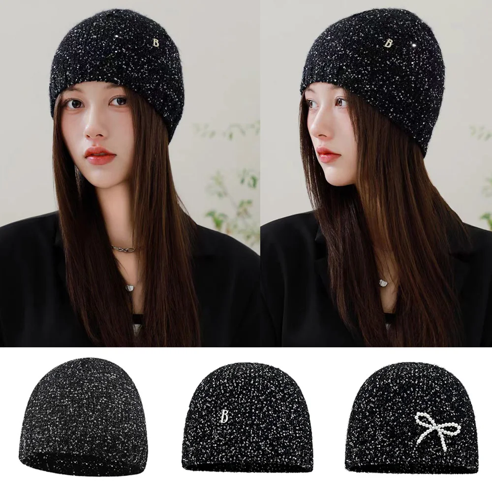 

Sequined Knitted Hat Woolen Headwear Sequins Caps Pearl Bow Hats Autumn And Winter Thickened Korean Warm Ear Protection Hat