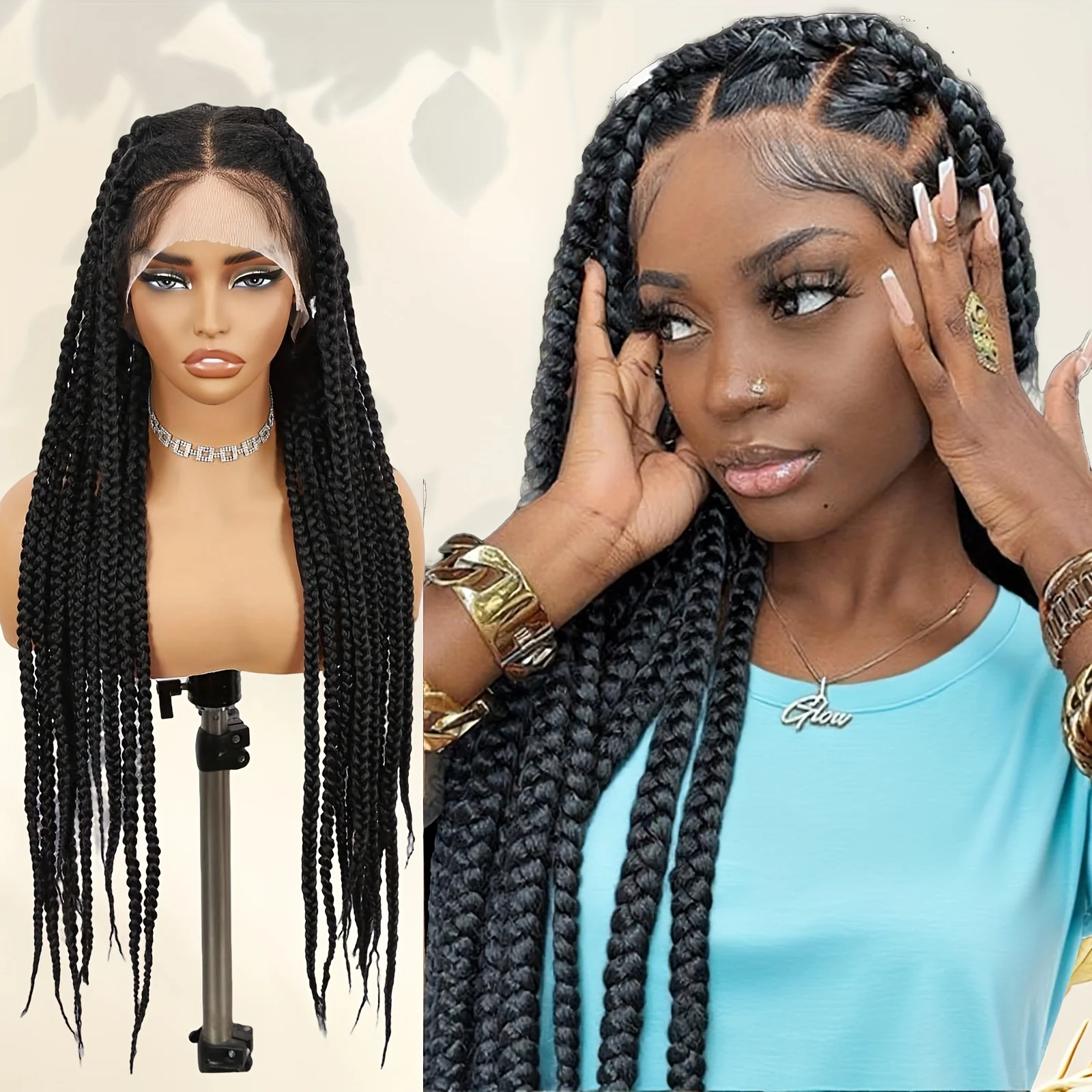 باروكة صناعية مضفرة بدانتيل كامل مقاس 36 بوصة للنساء - ضفائر صندوقية بدون عقدة مع شعر مستعار بدانتيل أمامي شعر مستعار صناعي #1