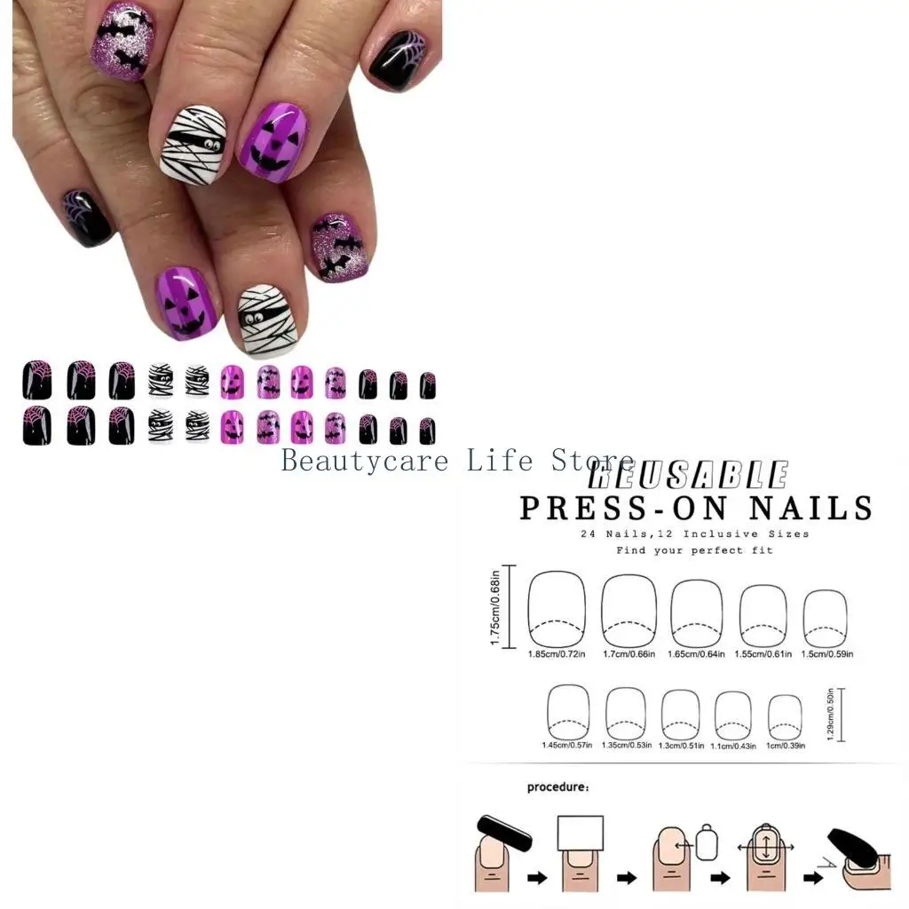 

652C 24x Artificial Nails Halloween Press On Nails Short Square Full Cover on Nails Halloween False Nails for Woman
