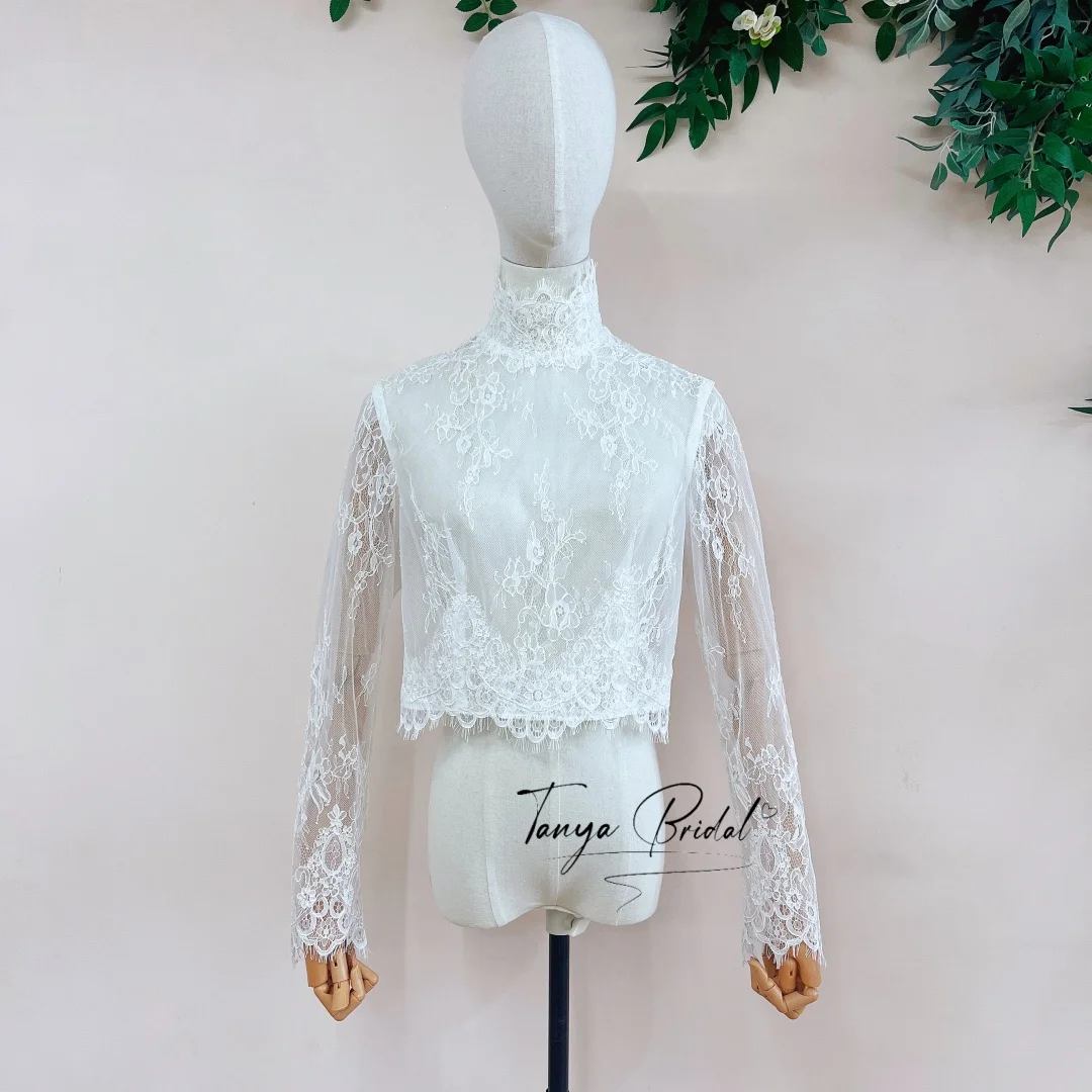 Elegant High Neck Floral Lace Wedding Bolero Jacket, Long Sleeve Sheer Bridal Lace Shrug Topper with Back Button