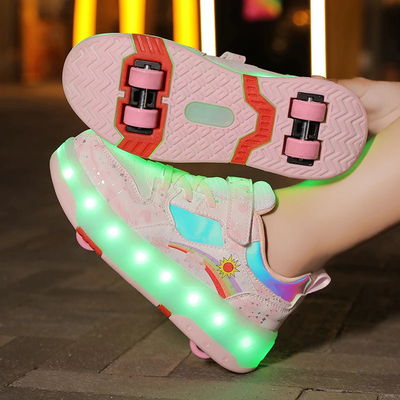 

Children's Sneakers Roller Shoes With 4 Wheel Outdoor Parkour Skates Dual-Use Kids Girls Boys Roller Skates Glowing LED Light
