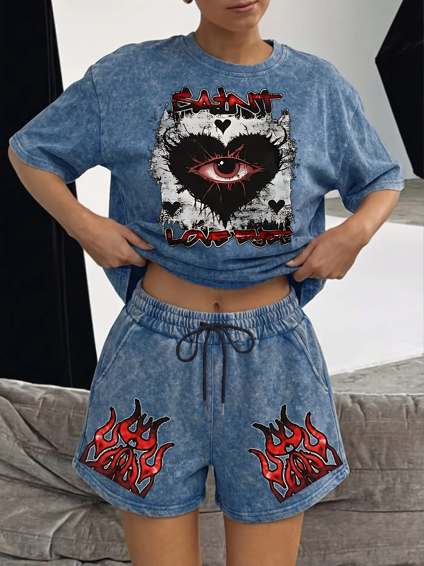 2026 Summer New Street Fashion Casual Versatile Comfortable 3D Eye Pattern Printed Women's Short-Sleeve Shorts Set