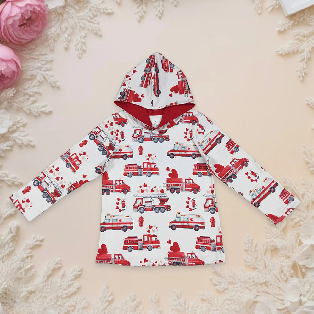 

Baby Boy Hearts Fire Trucks Sweatshirt Valentines Kids Children Toddler Long Sleeve Pullover Hoodie Sportswear Shirt Clothes