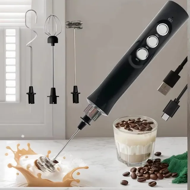 Bezprzewodowy akumulatorowy elektryczny spieniacz do mleka - 3-biegowy, ręczny spieniacz do latte, cappuccino, gorącej czekolady - ładowarki USB
