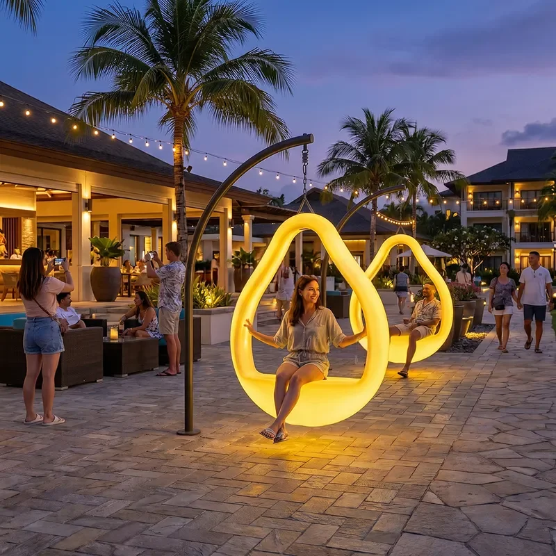 LED Curved Bracket Hanging Swing Chair Outdoor Luminous Swing for Hotel Resort Activities Rental Commercial Interactive