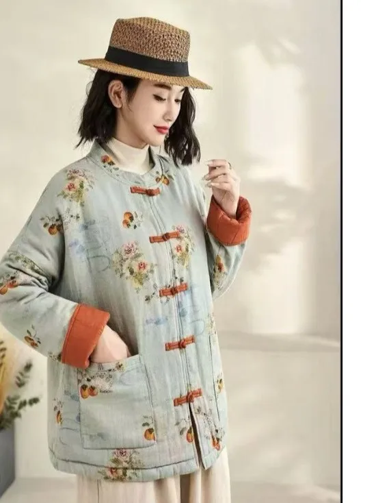 

2025 New Retro Handmade Cotton Jaet Printed Cotton Linen Women's Winter Coat Thiened Long Sve Stand Collar Single Button