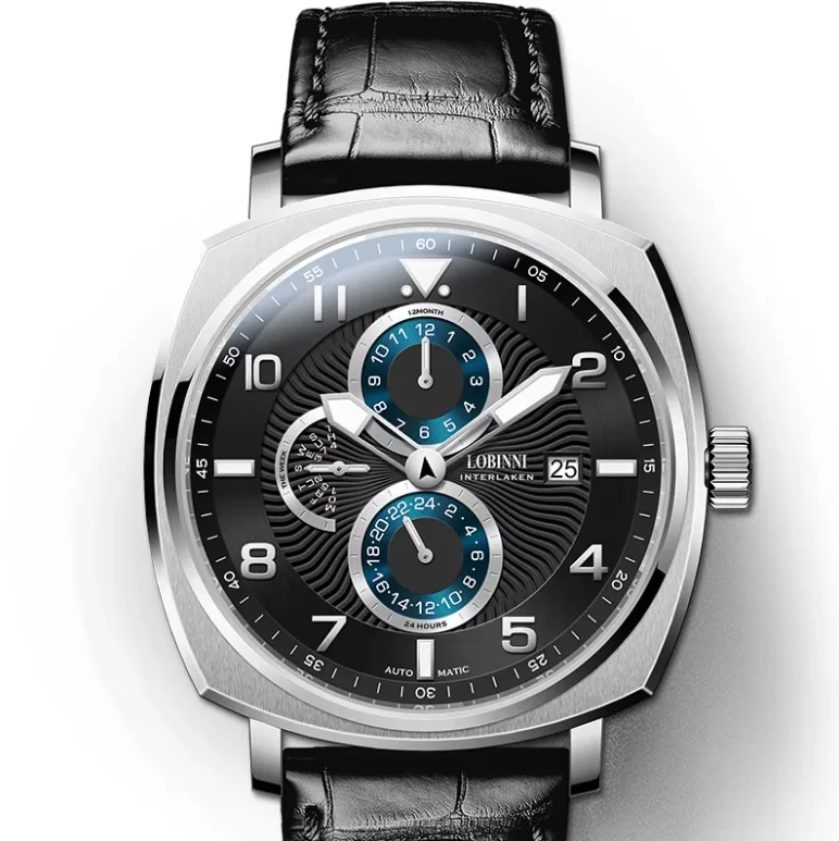 LOBINNI Men Automatic Watch 43mm Square Mechanical Wristwatch Luminous Sapphire Mirror Waterproof Multi-Dial Month Week Date