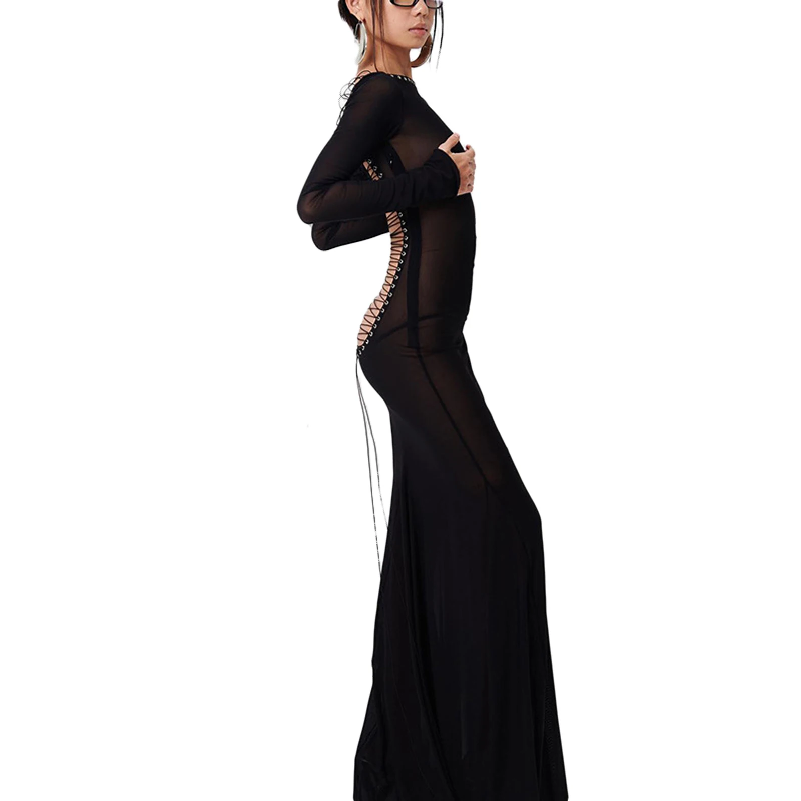 Women's Long Bodycon Dress Solid Color See-Through Mesh Sheer Dress Long Sleeve Cross Tie-Up Backless Evening Party Dress