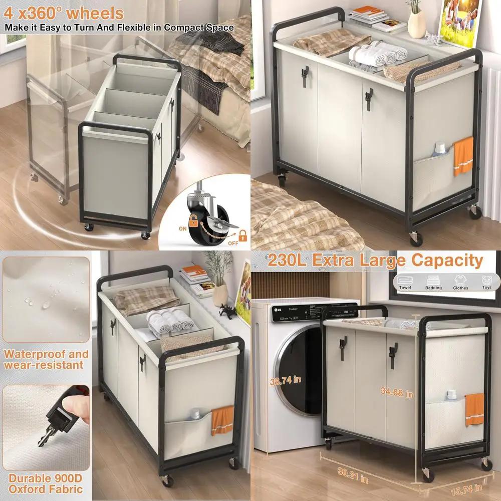 

3-секционный сортировщик белья с крышкой, вращающимися колесами и запирающейся металлической ручкой — белый