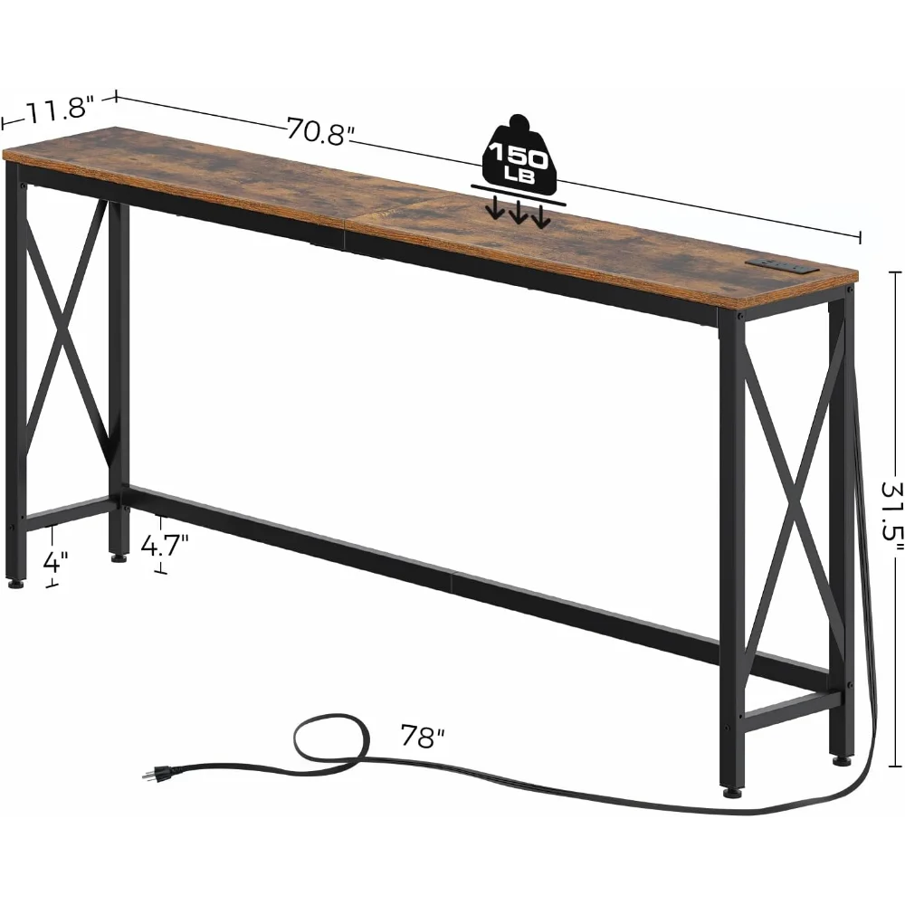 

Console Table with Power Outlet, Narrow Sofa Table, 70.8" x 11.8" Farmhouse Table Behind Sofa Couch Hallway