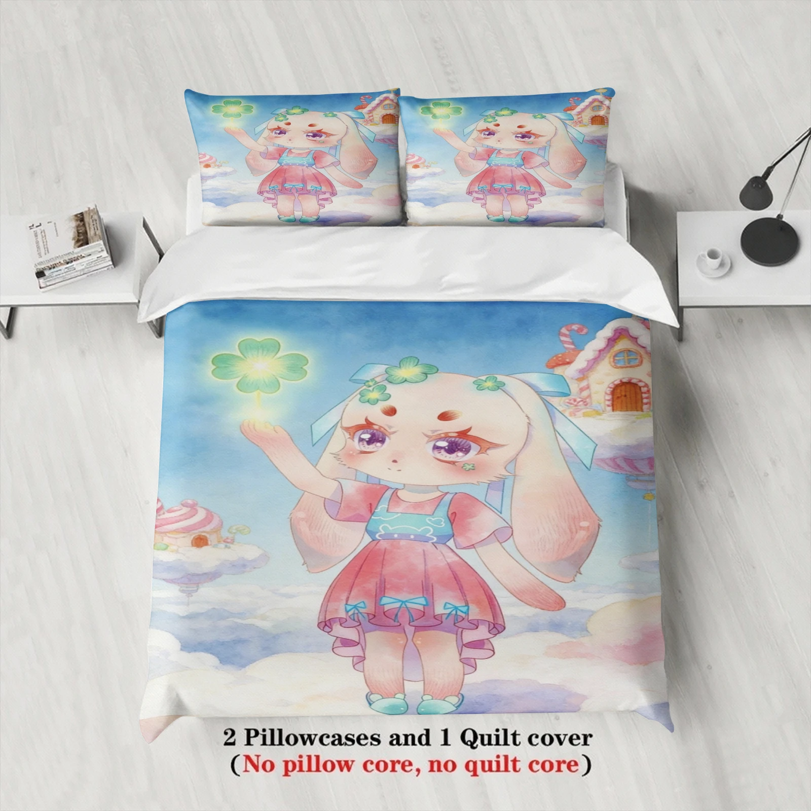 Softville Cozy Town 3PCS Bedding Sets Lop Rabbit Holding Four-Leaf Pinted Duvet Cover No filling Cartoon Style Queen King Size