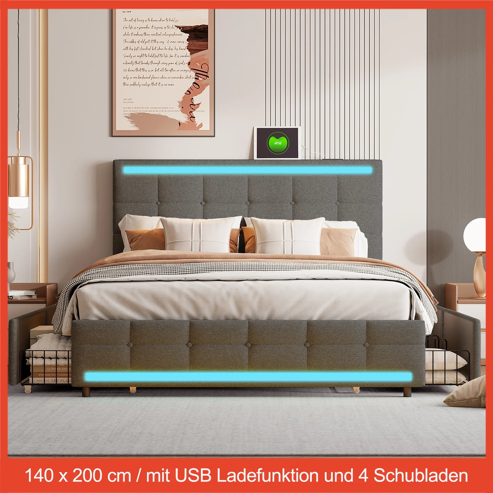 Upholstered Bed 140x200, LED Bed with USB Charging Function and 4 Drawers,Double Bed Frame with Headboard,Linen,without mattress