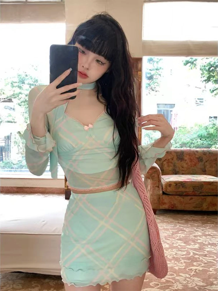 2024 Summer 2 Piece Set Women Princess Style Fashion Lace Skirt Suits Female Mini Skirt + Y2k V-Neck Tops Korean Fashion Chic