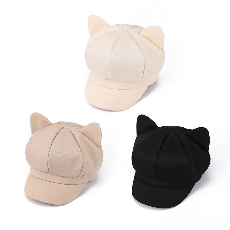 2024 Autumn Acrylic Warm Cartoon Cat Octagonal Hats for Women and Girl Berets Painter Hat Beanie Cap 19