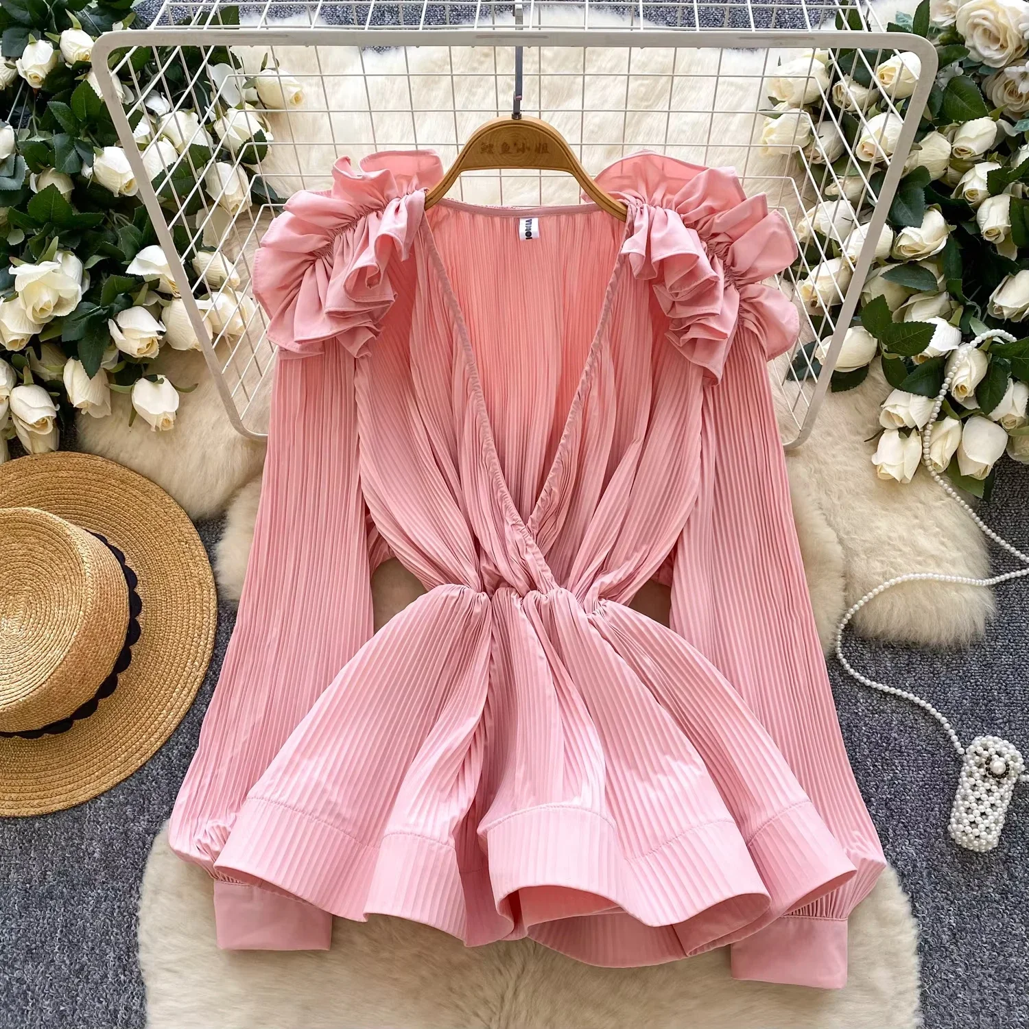 

Рубашки и блузки, женские топы с оборками, однотонные блузки в дворцовом стиле, Blusas Mujer, весна-осень, корейская мода, майки с v-образным вырезом