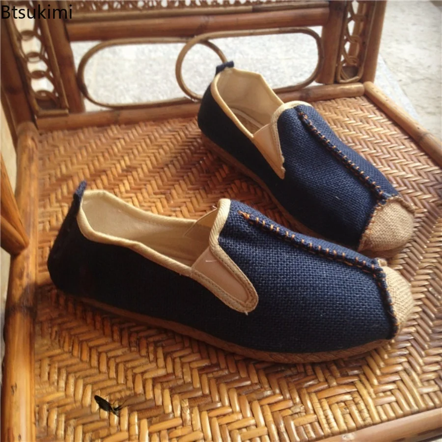 Handmade Color Matching Straw Weaving Retro Hemp Seam Shoemaking Buddhist Style Cow Tendon Soft Sole Literati Men's Casual Shoes