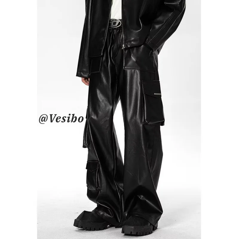 Hip-Hop Punk  Faux Leather Men's Cargo Pants, American Vintage Baggy Trousers for Men, Multi Pocket Work Wear Man Pants