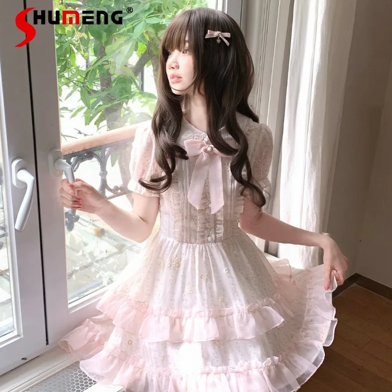 

Lolita Pink White Floral Lolita Dress Doll Collar Waist Slim Fit Tiered Cake Dresses Elegant Ruffle Lace Princess Party Costume
