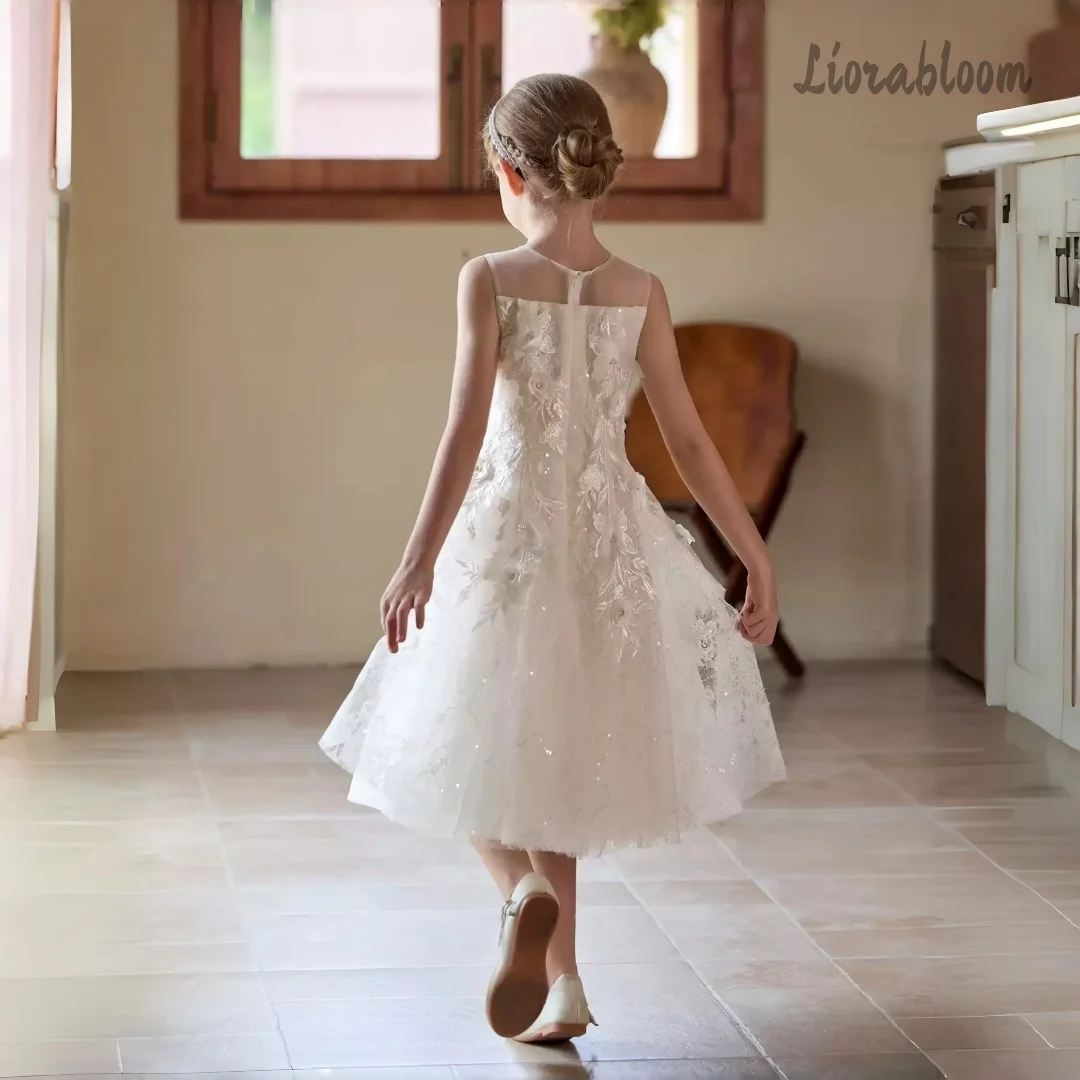 Abito da damigella d'onore in tulle personalizzato per bambina con piccoli fiori, abito da festa nuziale da donna