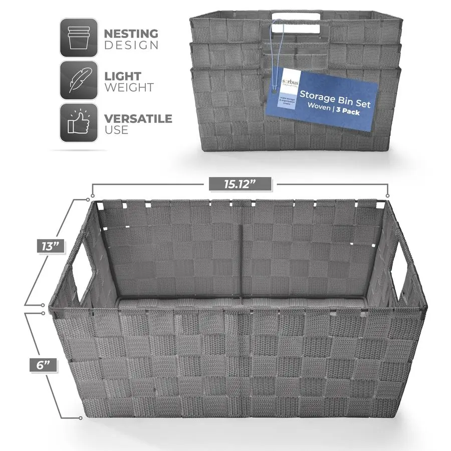 整理整頓用の大型収納バスケット3個セット、メッシュ手織りデザイン、リネン製クローゼットオーガナイザーと収納、オーガナイザー収納バスケット