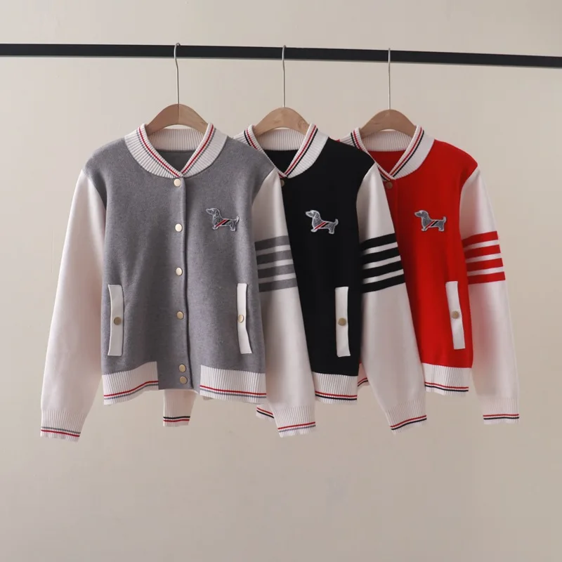 Autumn and Winter New Preppy Style Contrast Color Chest Puppy Patch Baseball Collar Long Sleeve Knitted Cardigan Sweater Coat