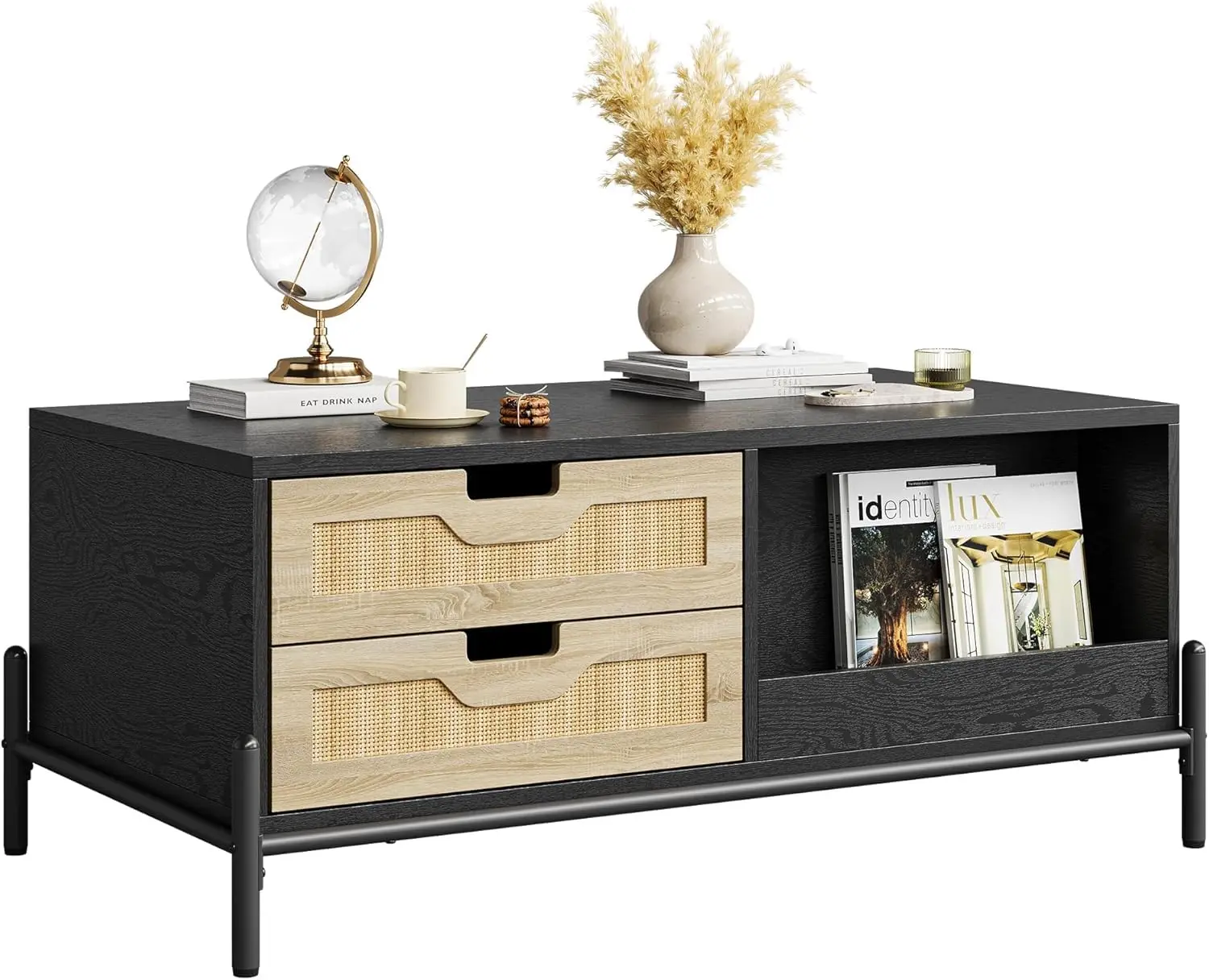 

Mid-Century Modern Coffee Table with LED Light & Open Storage Shelf 4 Drawers Natural Wood for Living Room, Customized