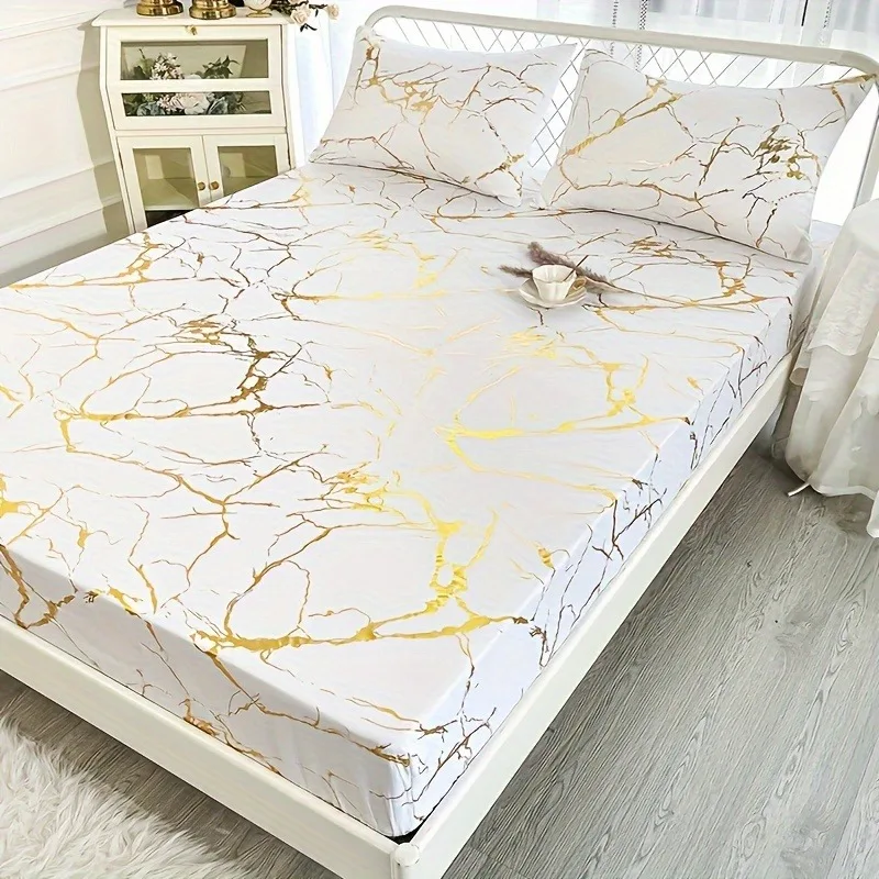 Soft Microfiber Modern Marble Printed Fitted Sheet Set with Elasticated Corner Home Bedroom Decor Bedding Set