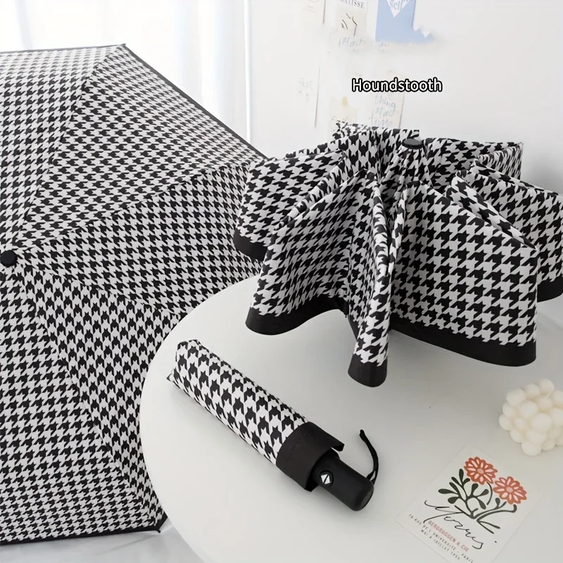 Houndstooth Automatic Umbrella Sun Protection Casual Minimalist Umbrella 1pc Wind Resistant and Portable Folding Umbrella