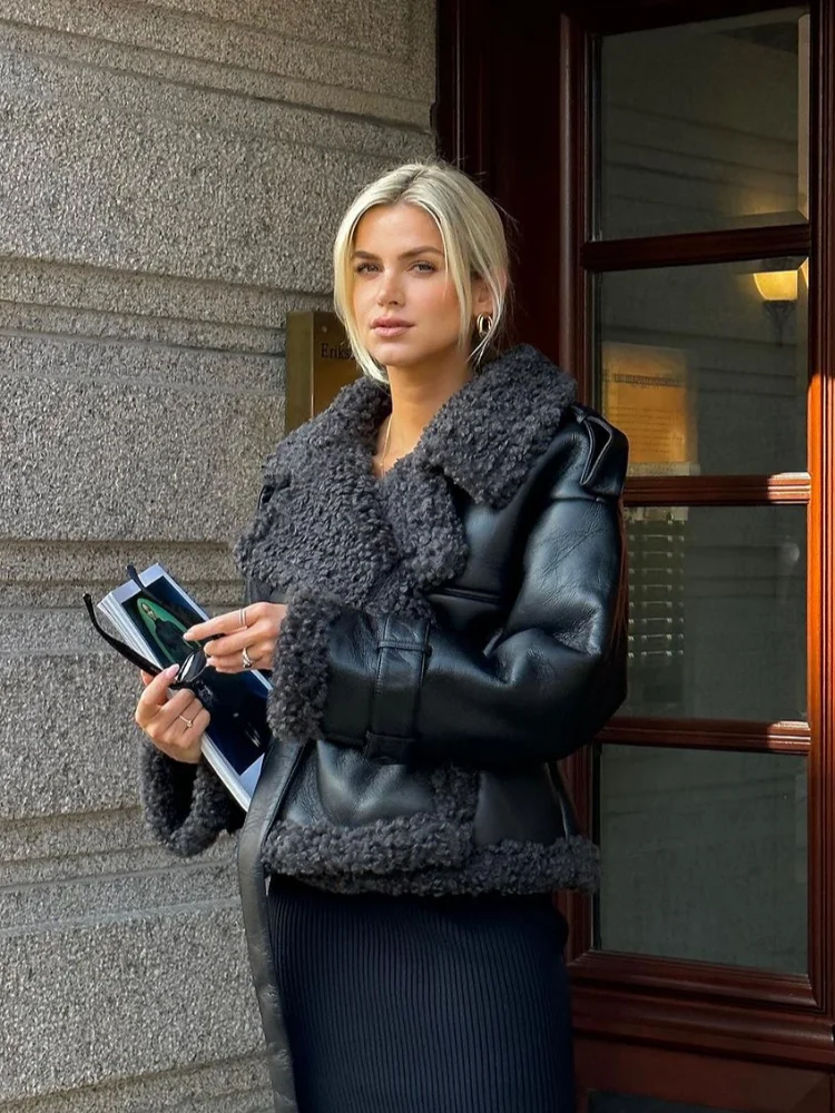 Chaquetas de piel sintética de cuero Pu negro a la moda para mujer, abrigo corto con cinturón de solapa cálido para otoño e invierno, prendas de