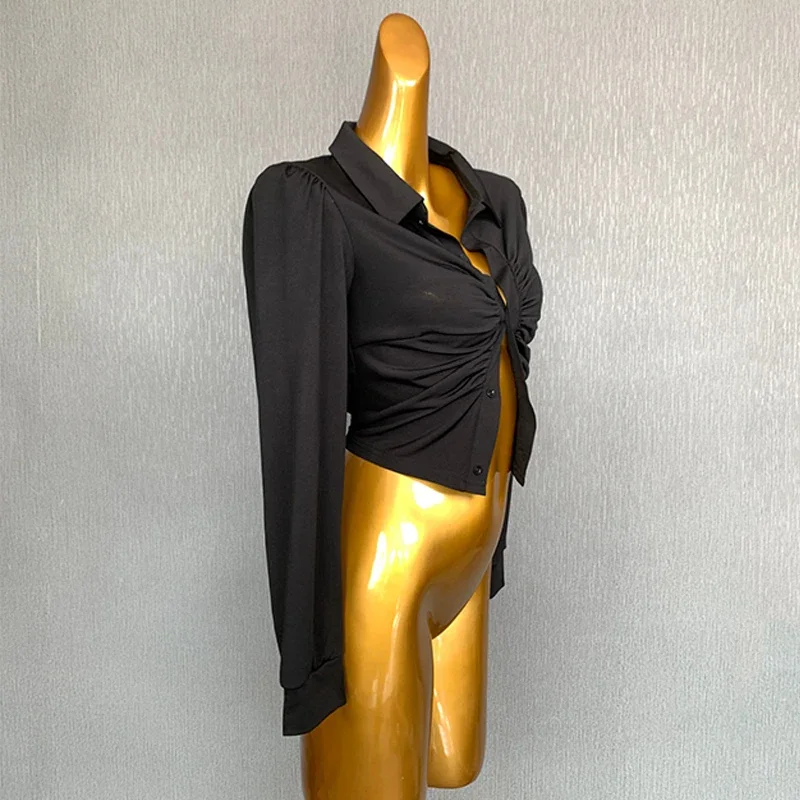 New Latin Dance Tops Women Black Long Sleeves Shirt Short Style Practice Tops Rumba Cha Cha Dance Clothing Training Wear NV19885