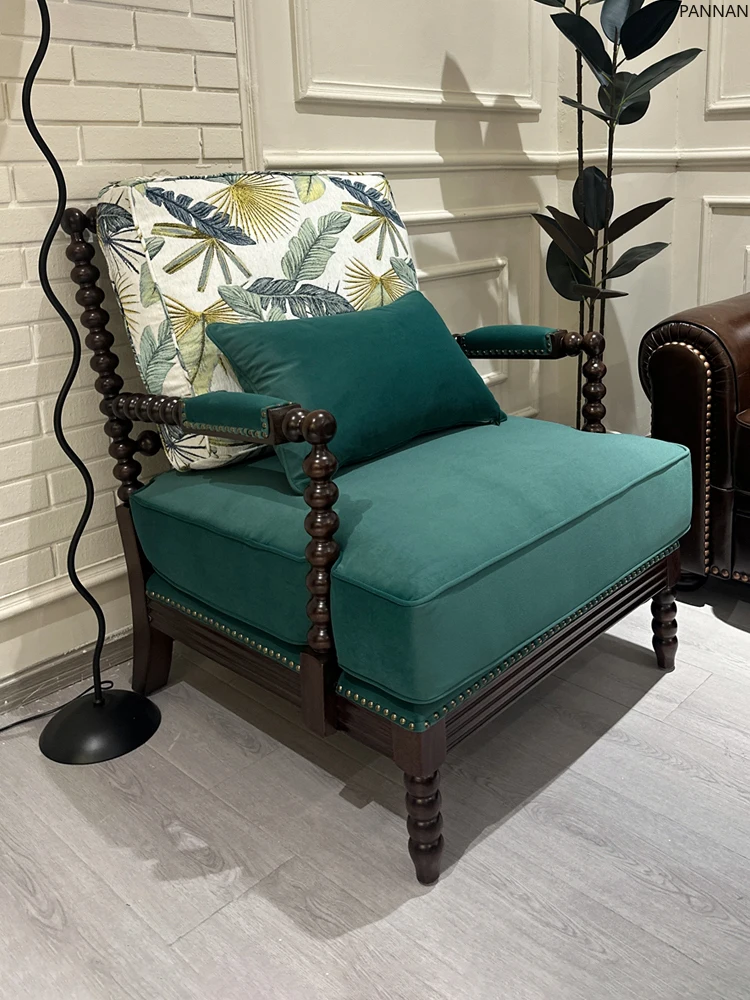 

French retro pearl chair solid wood fabric single sofa living room casual backrest chair