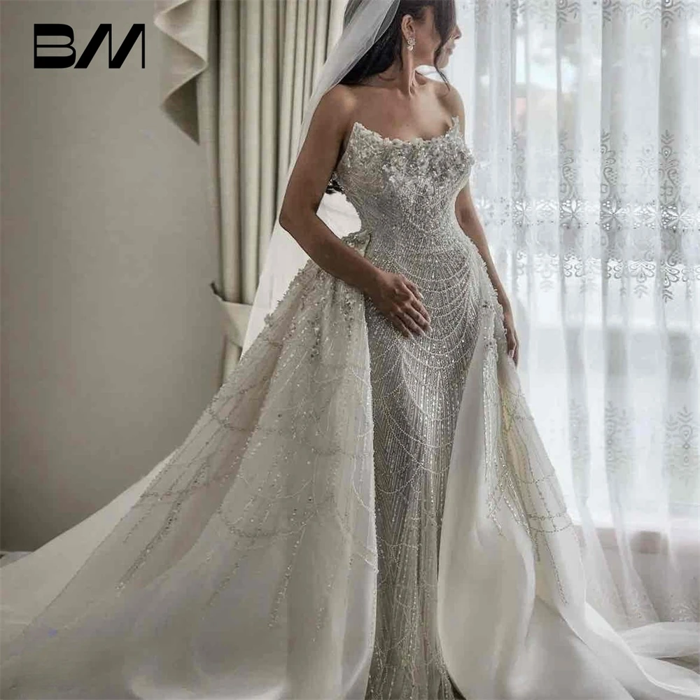 

BRLMALL | Strapless Beads Bride Dress For Women Detachable Long Train Sequined Bridal Gown Vestidos De Novia