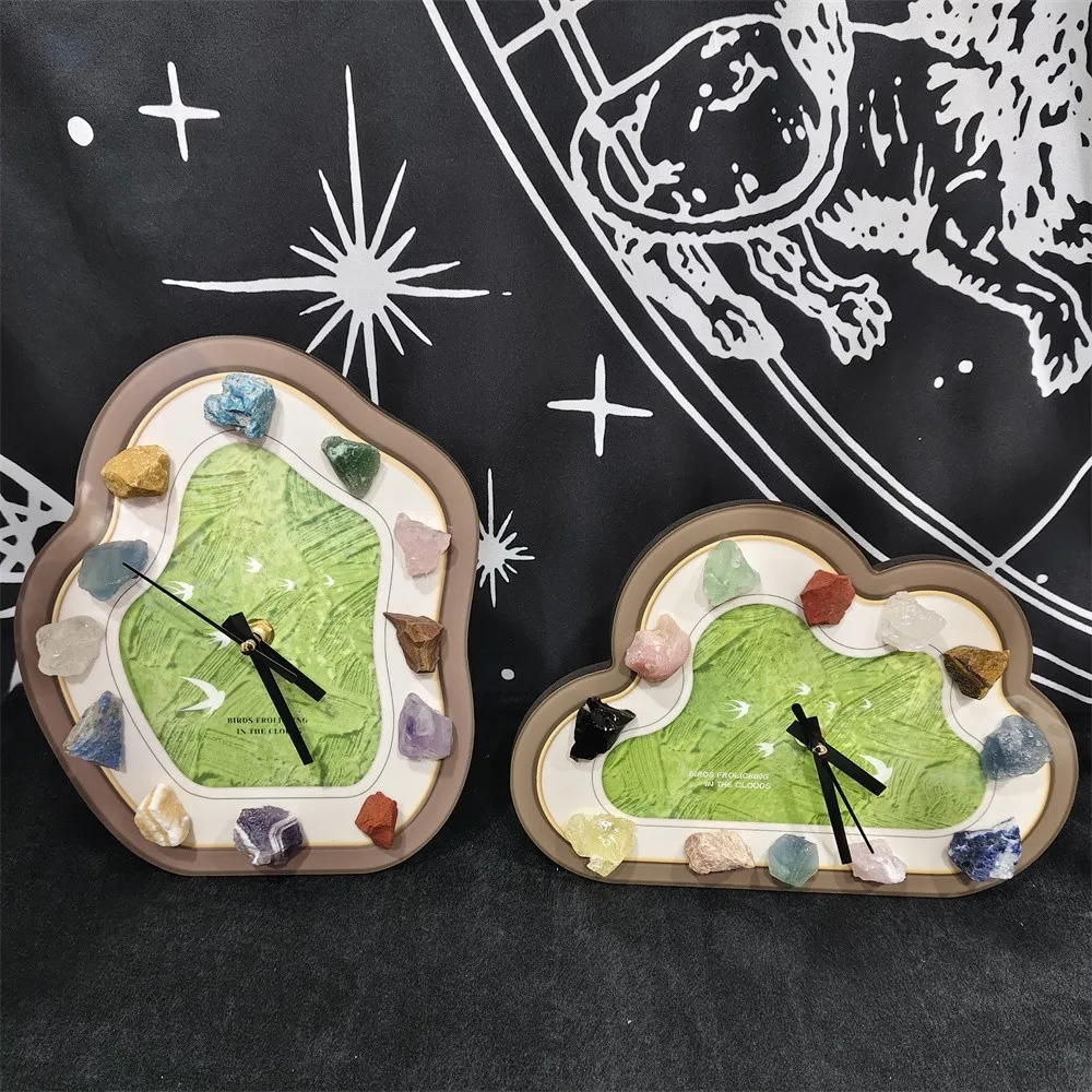 Retro Wavy Table Clocks with Natural Crystal Stone Room Decor Silent Quartz Crystal Table Clocks Bedroom Office Home Decor Gifts