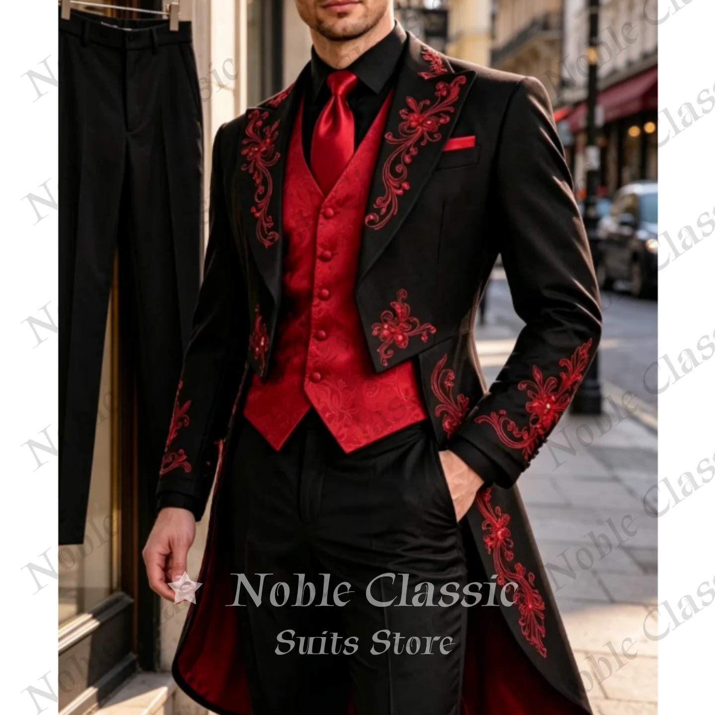 Black Red Embroidered Tailcoat Suit 3 Piece Slim Fit Gothic Victorian Tuxedo Jacket Vest Pants Formal Wedding Guest Customized
