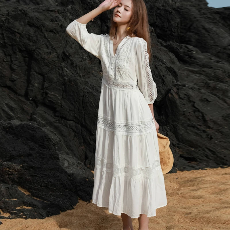 Long Sleeve Boho Beach Lace Dress for Women V-neck Floral Embroidery 100% Cotton White Summer Dresses Vintage Ladies Vestidos