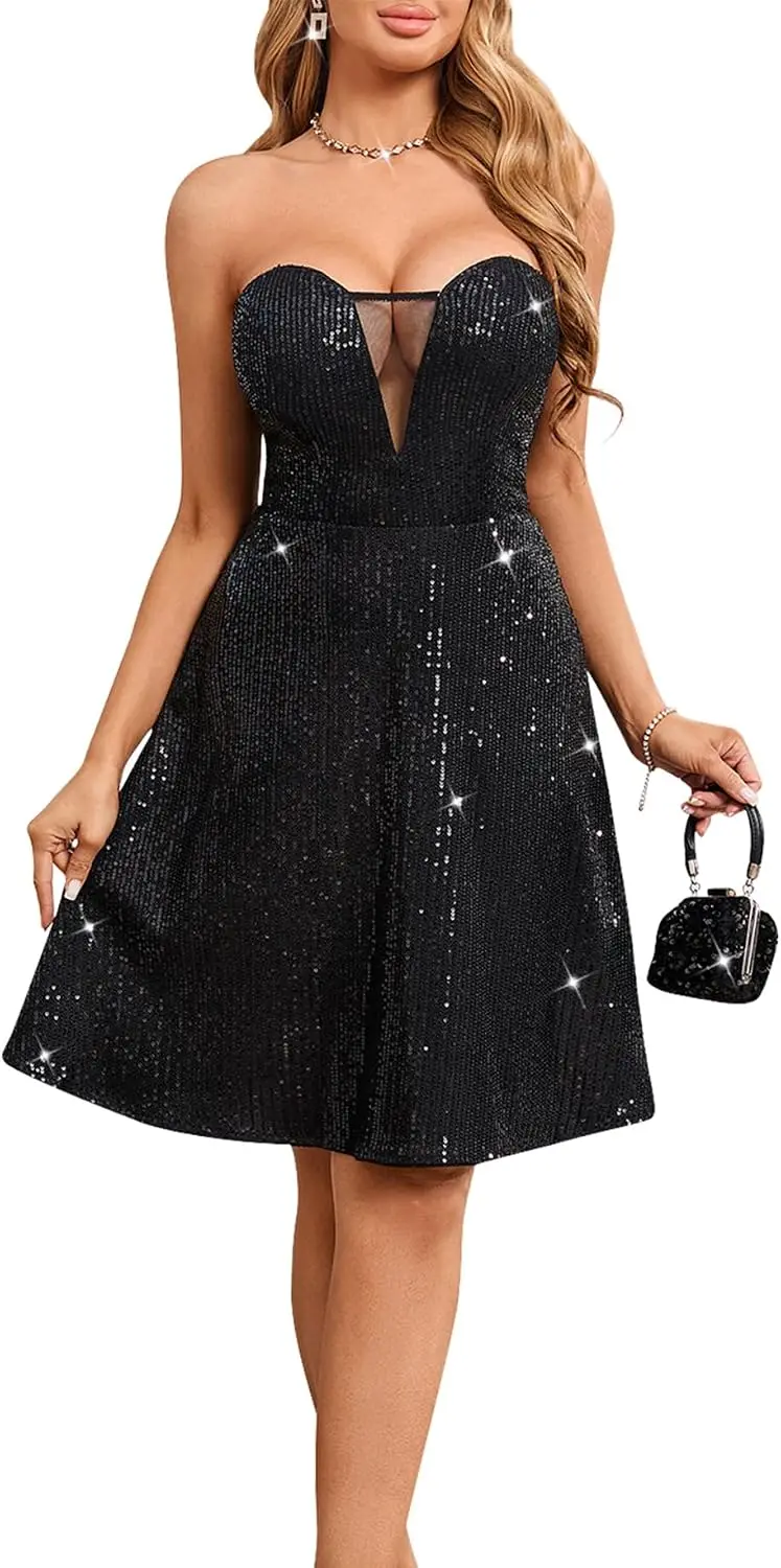 Sequin Strapless Cocktail Mini Dress - Mesh Perspective Off Shoulder A-Line Short Party Night Evening Gown
