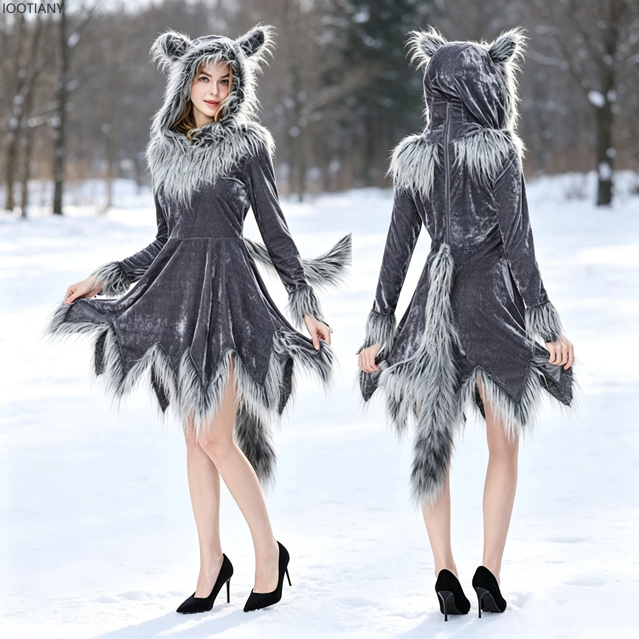 Damen Grauer Wolf Kostüm mit Pelzohren Kapuze Unregelmäßiger Saum Kunstfell-Schwanz Halloween Tier-Cosplay Familien- und Kinder-Party Fantasie-Kostüm