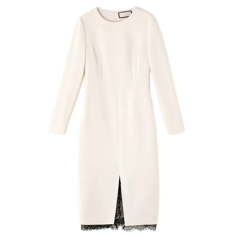 Vestido de senhora de escritório francês feminino, elegante, renda retalhada, decote em O, roupas femininas de manga comprida, alta qualidade, novo, primavera, 2022